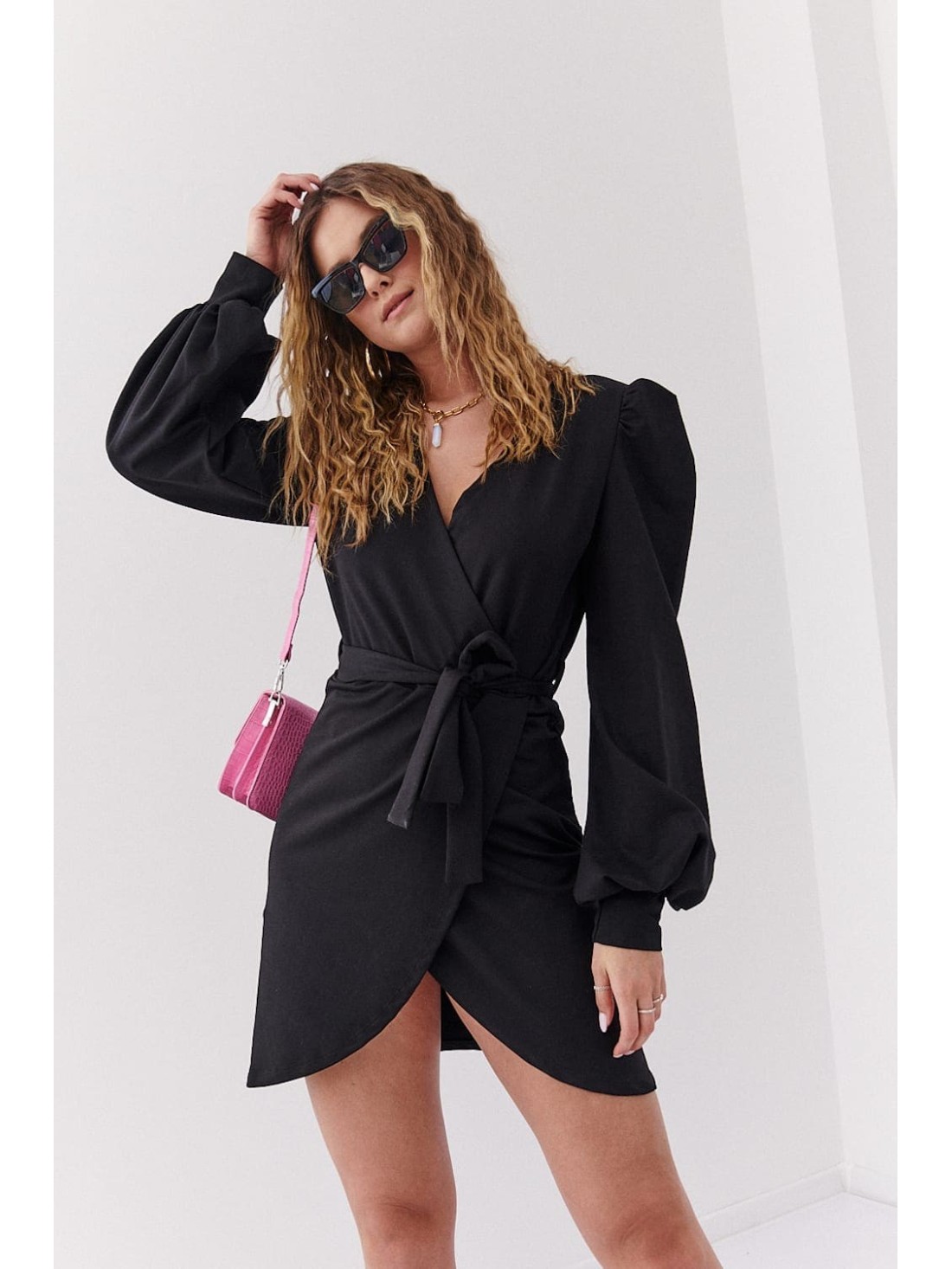 Envelope dress with puffy sleeves, black FI701 - Online store - Boutique